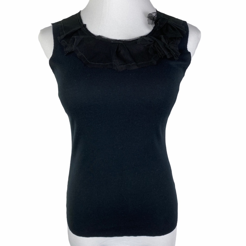 Velvet Ruffle Mesh Bow Neckline Tank Top Women's Junior Medium Black